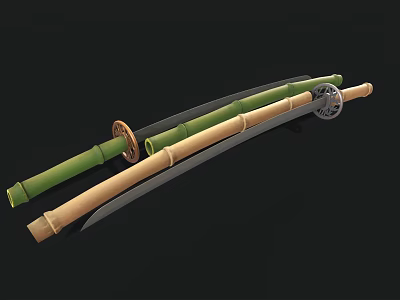 Traditional Japanese Katanas Samurai Weapons With Green And Beige Scabbards Sharp Blades And Decorative Tsuba 3d model