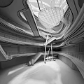 Modern Shopping Mall Interior With Spiral Design Glass Dome And Multi Level Escalators