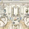 Elegant Hotel Public Lounge Area With Ornate Decor Blue White Sofas And Decorative Paintings