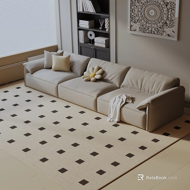 Light Beige Three-Seater Sofa With Throw Pillows Stuffed Toy Blanket And Black Square Pattern Rug 3d model