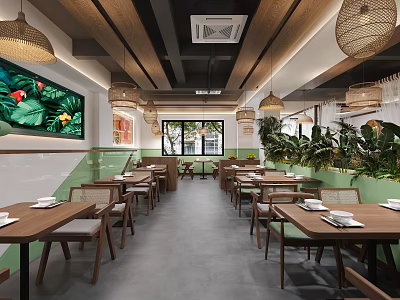 Warm Restaurant Interior With Wooden Tables Green Plants Pendant Lights And Wall Art 3d model