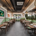 Warm Restaurant Interior With Wooden Tables Green Plants Pendant Lights And Wall Art