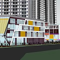Modern Urban Commercial Complex With High Rise Buildings And Colorful Facades