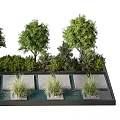 Beautiful Water Fountain Garden Landscape With Green Trees Bushes And Stone Slab Paths