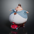 Chubby Cartoon Character Wearing Blue Coat White Shirt and Striped Tie on Red Scooter