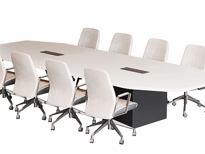 White Oval Conference Table With Ergonomic White Chairs And Black Base 3d model