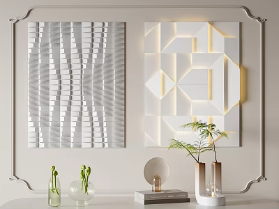 Modern Wall Decor With Striped Geometric Patterns Built In Lighting And Decorative Plants 3d model