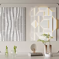 Modern Wall Decor With Striped Geometric Patterns Built In Lighting And Decorative Plants 3d model