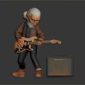 A Senior Man With White Hair Playing Electric Guitar Near Amplifier In Brown Jacket