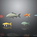 Colorful Various Shapes Fish Decorative Figures With Reflections On Dark Background
