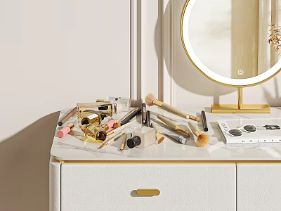 White Dressing Table with Gold Handles Marble Top and Round Gold Frame Mirror Makeup Brushes 3d model