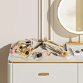 White Dressing Table with Gold Handles Marble Top and Round Gold Frame Mirror Makeup Brushes