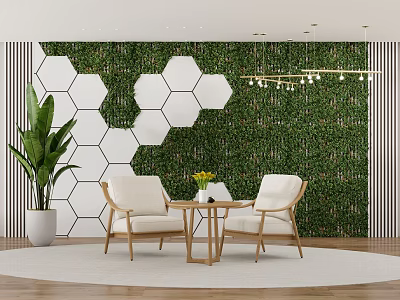 Modern Living Room Interior With Green Plant Wall Hexagonal Decor Beige Chairs And Wooden Table 3d model