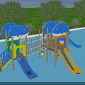 Outdoor Shark Themed Playground Equipment With Blue Yellow Slides Wooden Structure And Green Grass