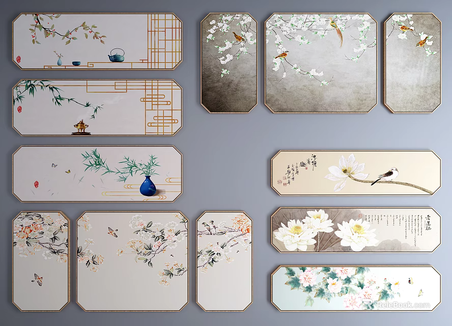 Traditional Chinese Plant Paintings with Floral Bird Motifs and Decorative Designs 3d model 