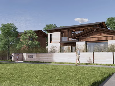 Modern Detached Villa Exterior With Wooden Stone Facade Green Lawn And Trees 3d model