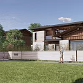 Modern Detached Villa Exterior With Wooden Stone Facade Green Lawn And Trees