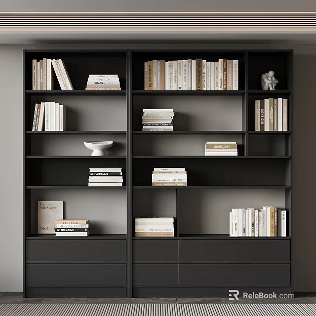 Modern Black Bookshelf With Multiple Shelves Books Decorative Bowl And Sculpture 3d model 