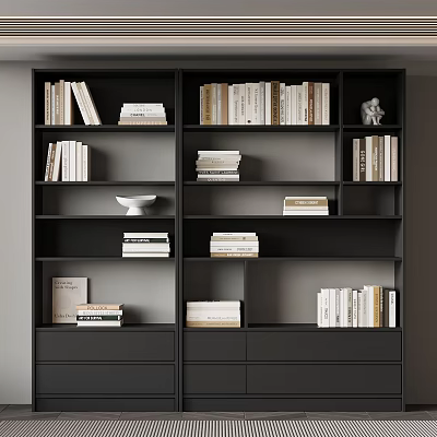 Modern Black Bookshelf With Multiple Shelves Books Decorative Bowl And Sculpture 3d model