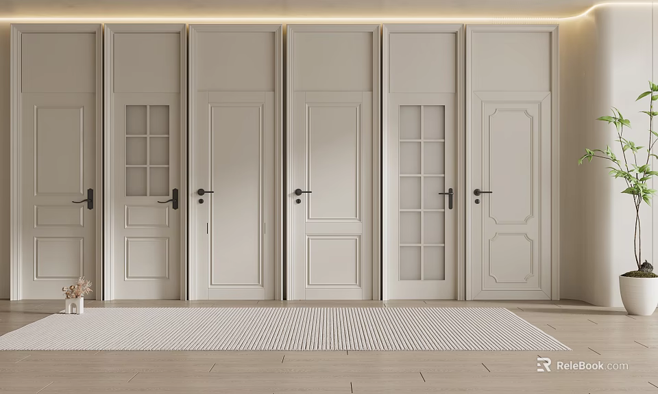 White Hinged Doors With Varied Panel And Glass Designs In Modern Interior 3d model 