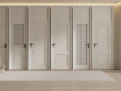 White Hinged Doors With Varied Panel And Glass Designs In Modern Interior 3d model