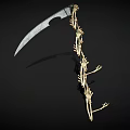 Elegant Scythe Design With Silver Blade And Golden Skeletal Hand Handle On Black Background