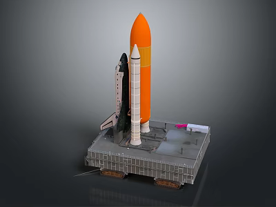 Rocket Model With Orange Body White Space Shuttle And Gray Launch Platform 3d model