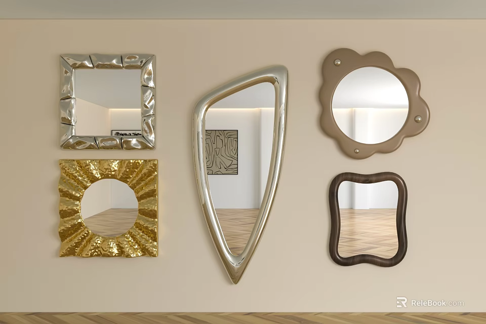 Various Decorative Mirrors On Wall With Unique Shapes And Frame Designs 3d model