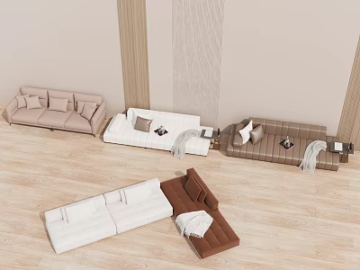 Modern Sectional Sofa Collection In Beige White Brown With Soft Cushions And Blankets 3d model