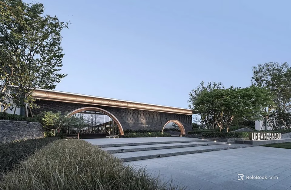 Modern Garden Landscape With Arched Structure Trees Grass And Steps 3d model