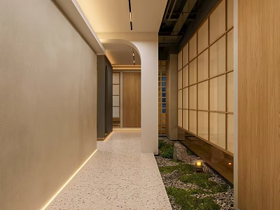 Modern Hotel Corridor with Wooden Partitions Pebble Flooring and Warm Lighting Design 3d model