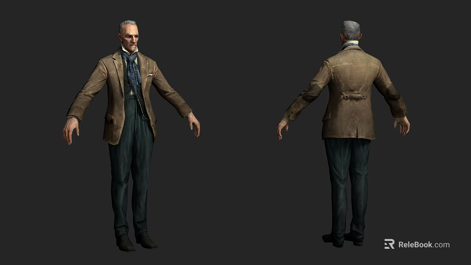 Man Wearing Brown Blazer Dark Striped Pants With Tie Front Back Views 3d model 
