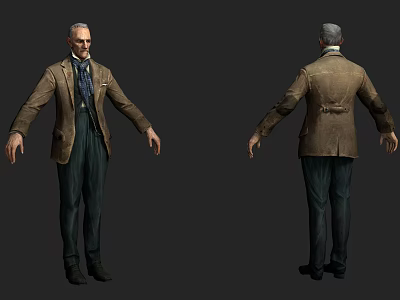 Man Wearing Brown Blazer Dark Striped Pants With Tie Front Back Views 3d model