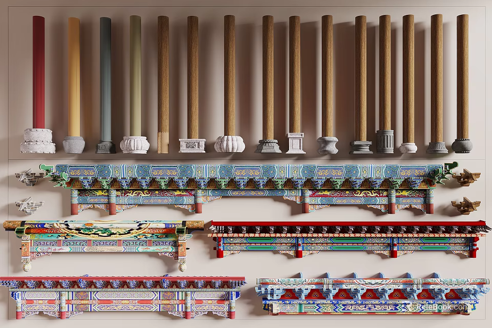 Various Decorative Columns In Traditional Style With Colorful Bases And Architectural Details 3d model 