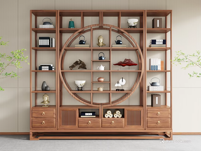 Traditional Wooden Chinese Curio Cabinet With Circular Design And Decorative Vases Teacups Books 3d model 
