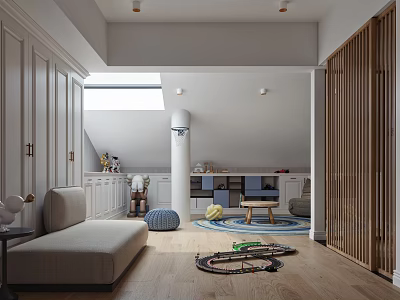 Bright Modern Playroom with Sofa Toys Colorful Rug Storage Cabinets and Wooden Floor 3d model