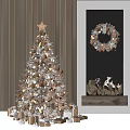 Christmas Decorative Ornament Set with Snowy Tree Wreath and Fireplace Fire Decorations