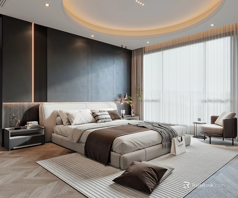 Modern Bedroom Interior Design With Dark Walls Light Bed Curtains And Area Rug 3d model 