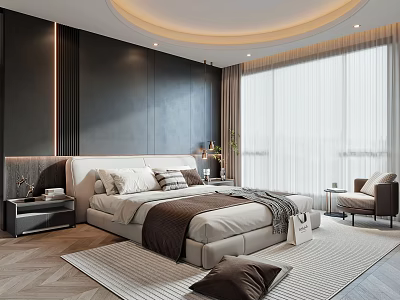 Modern Bedroom Interior Design With Dark Walls Light Bed Curtains And Area Rug 3d model