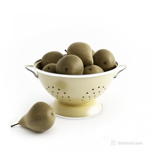 Fresh Green Pears Filled in White Colander with Single Pear Beside 3d model 