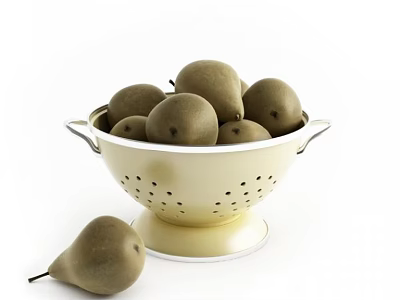 Fresh Green Pears Filled in White Colander with Single Pear Beside 3d model