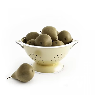 Fresh Green Pears Filled in White Colander with Single Pear Beside 3d model