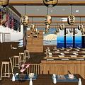Japanese Style Restaurant with Red White Lanterns Wooden Tables Open Bar and City Night View