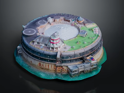 Circular Coastal Building Model Featuring Lighthouse Green Lawn And Surrounding Water 3d model