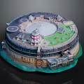Circular Coastal Building Model Featuring Lighthouse Green Lawn And Surrounding Water