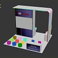 Decagon Exhibition Booth With White Blue Curved Panel Screen Purple White Cylinders And Luminance Lighting