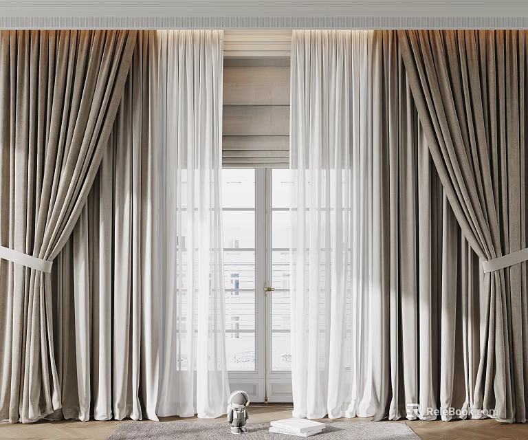 Elegant Beige Curtains With White Sheer Panels And Tiebacks For Window 3d model 