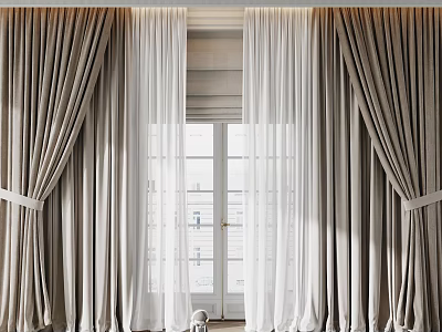 Elegant Beige Curtains With White Sheer Panels And Tiebacks For Window 3d model