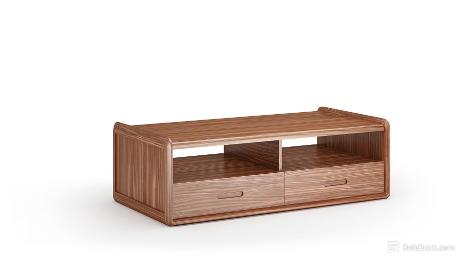 Modern Walnut Wood Coffee Table With Two Drawers And Open Shelf Design 3d model