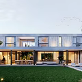 Modern Detached Villa Exterior Design Featuring Garage Car Entrance People And Lush Greenery Landscaping